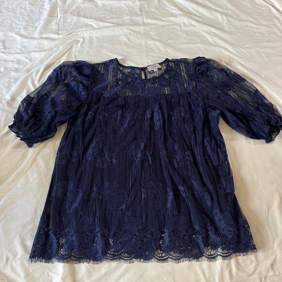 Blue Lace Overlay Sweetheart Neckline Blouse Plus Sz 2X Cruise Coastal Beach - Picture 7 of 13